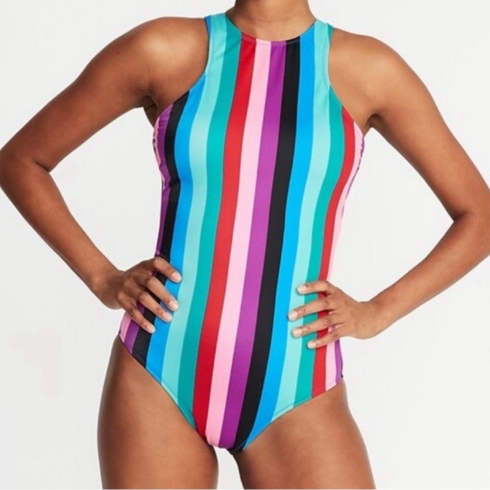 Old Navy Tie Neck Striped Swimsuit One Piece size small